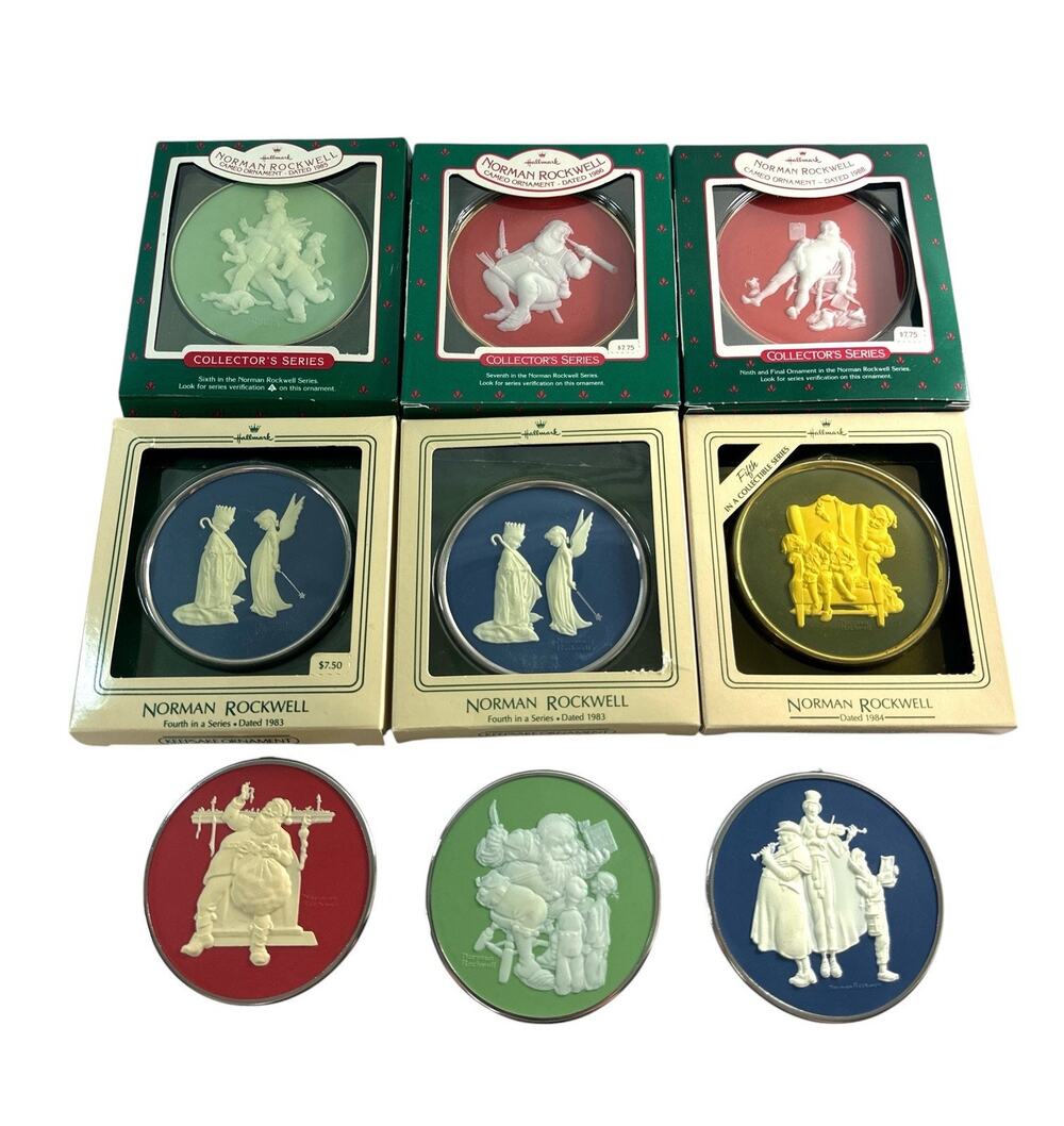 Vintage Hallmark Norman Rockwell Christmas Cameo Ornaments Lot of 9 1980-1988